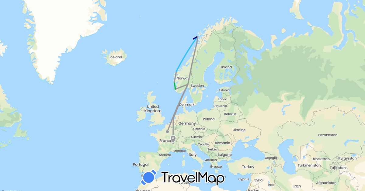 TravelMap itinerary: driving, bus, plane, boat in France, Netherlands, Norway (Europe)